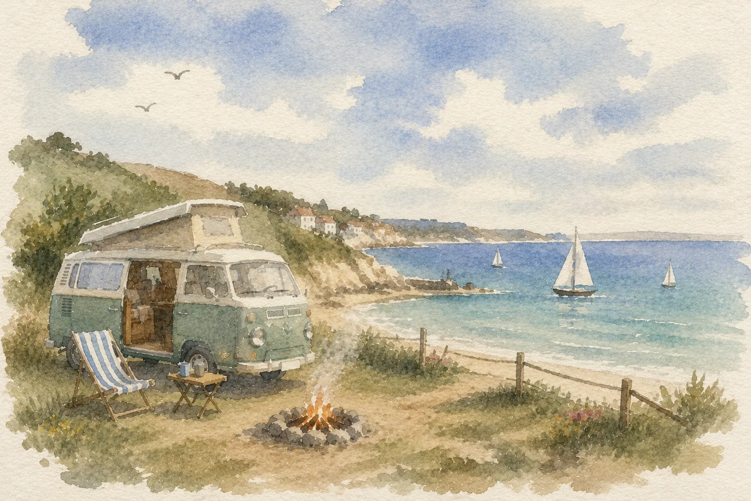 A campervan parked on grass above a sweeping coastal bay