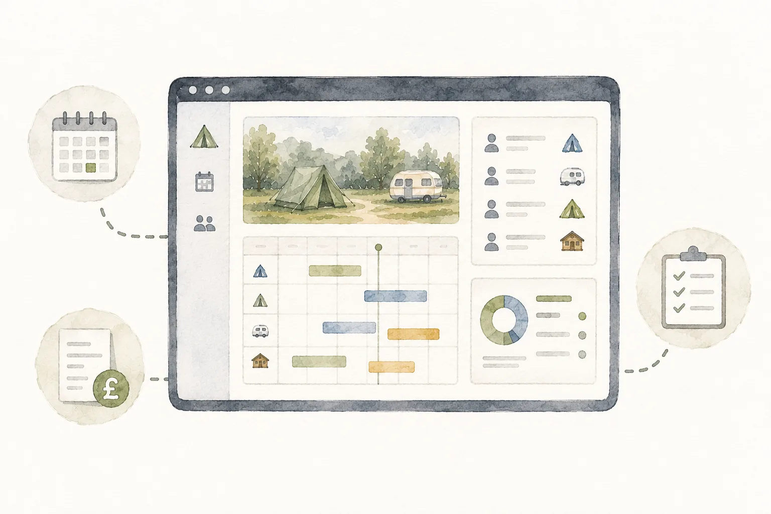 A campsite management dashboard showing bookings and occupancy