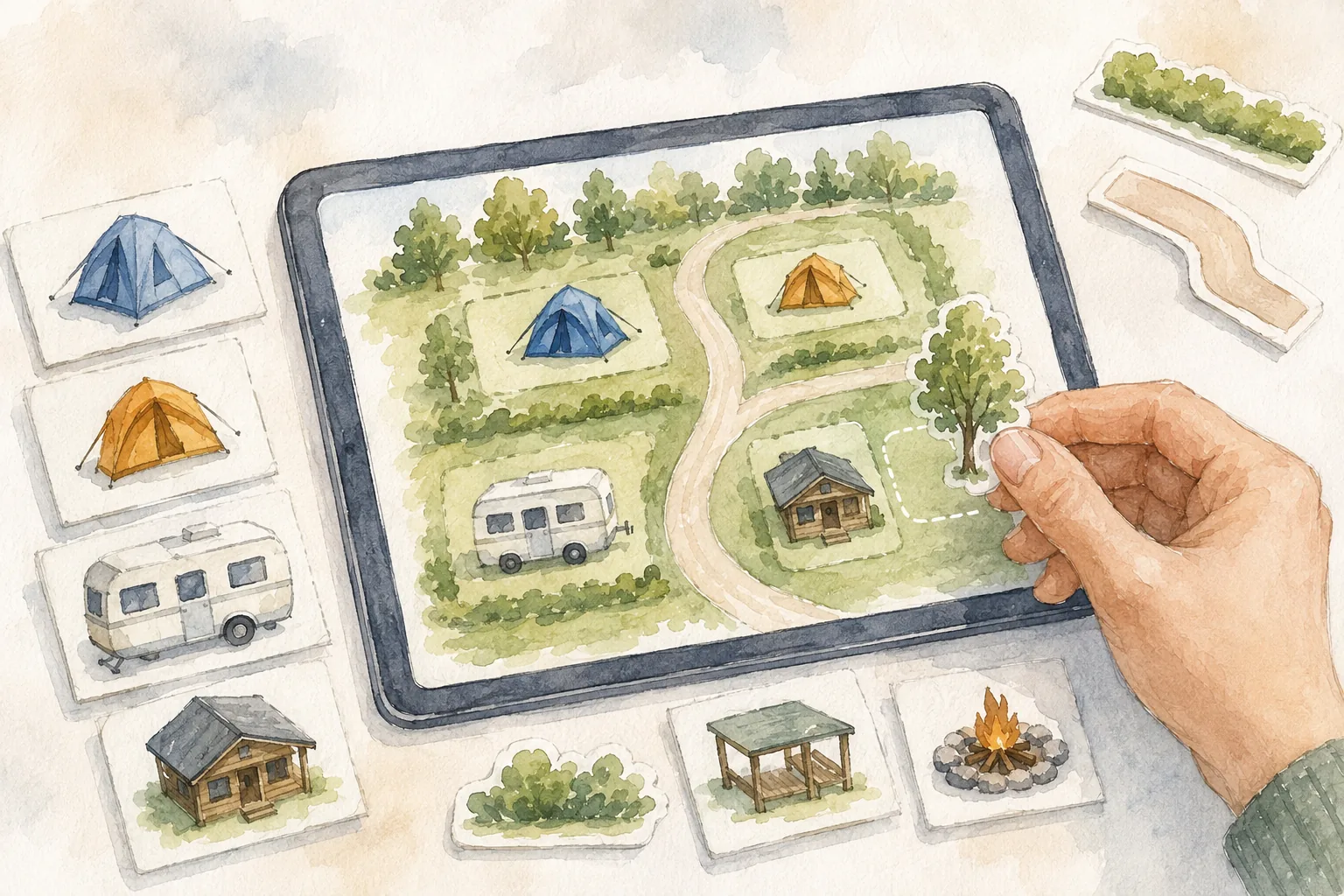 Planning a campsite layout with pitch types on screen