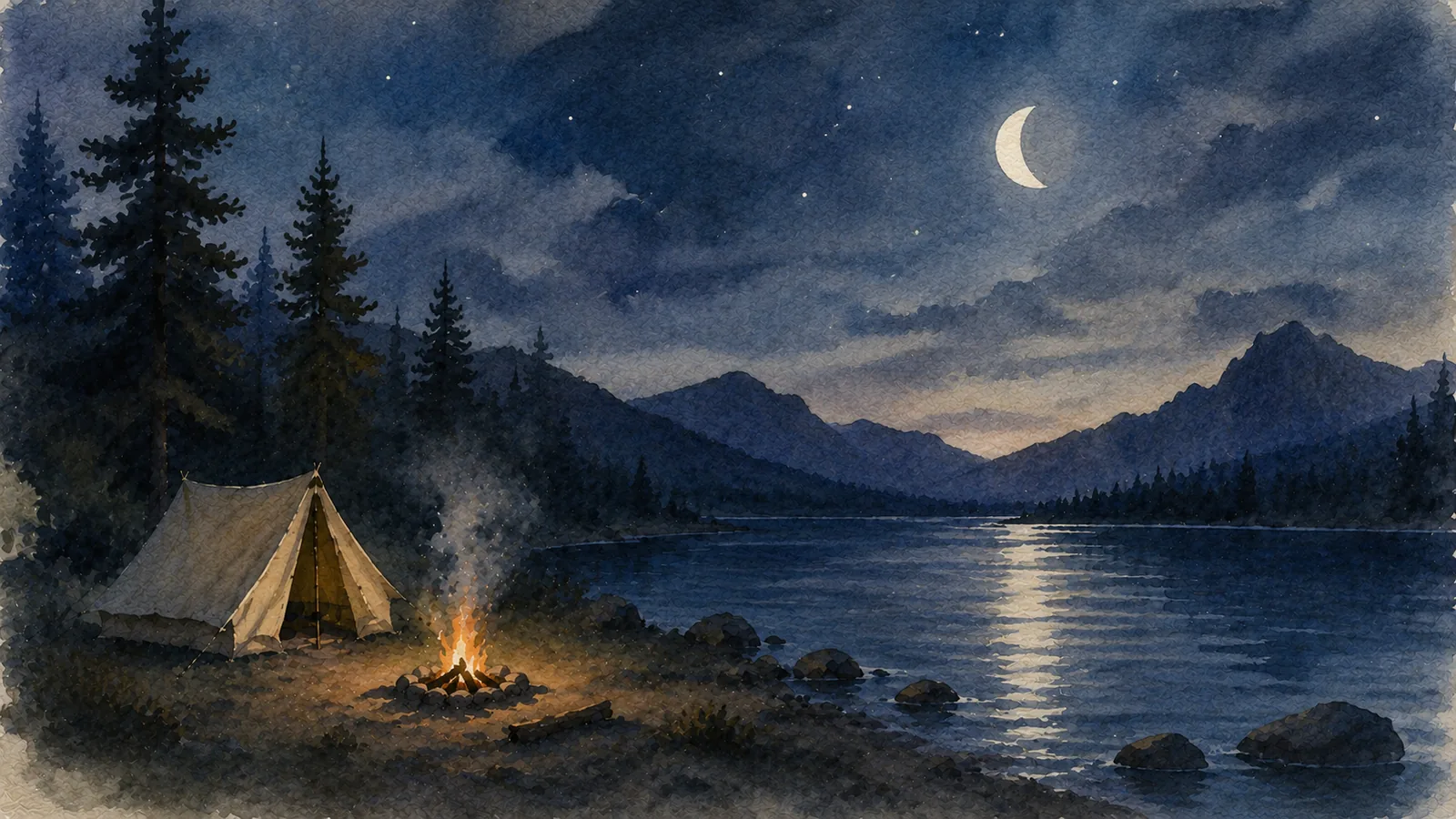 A still Highland loch under a starry sky beside a campsite