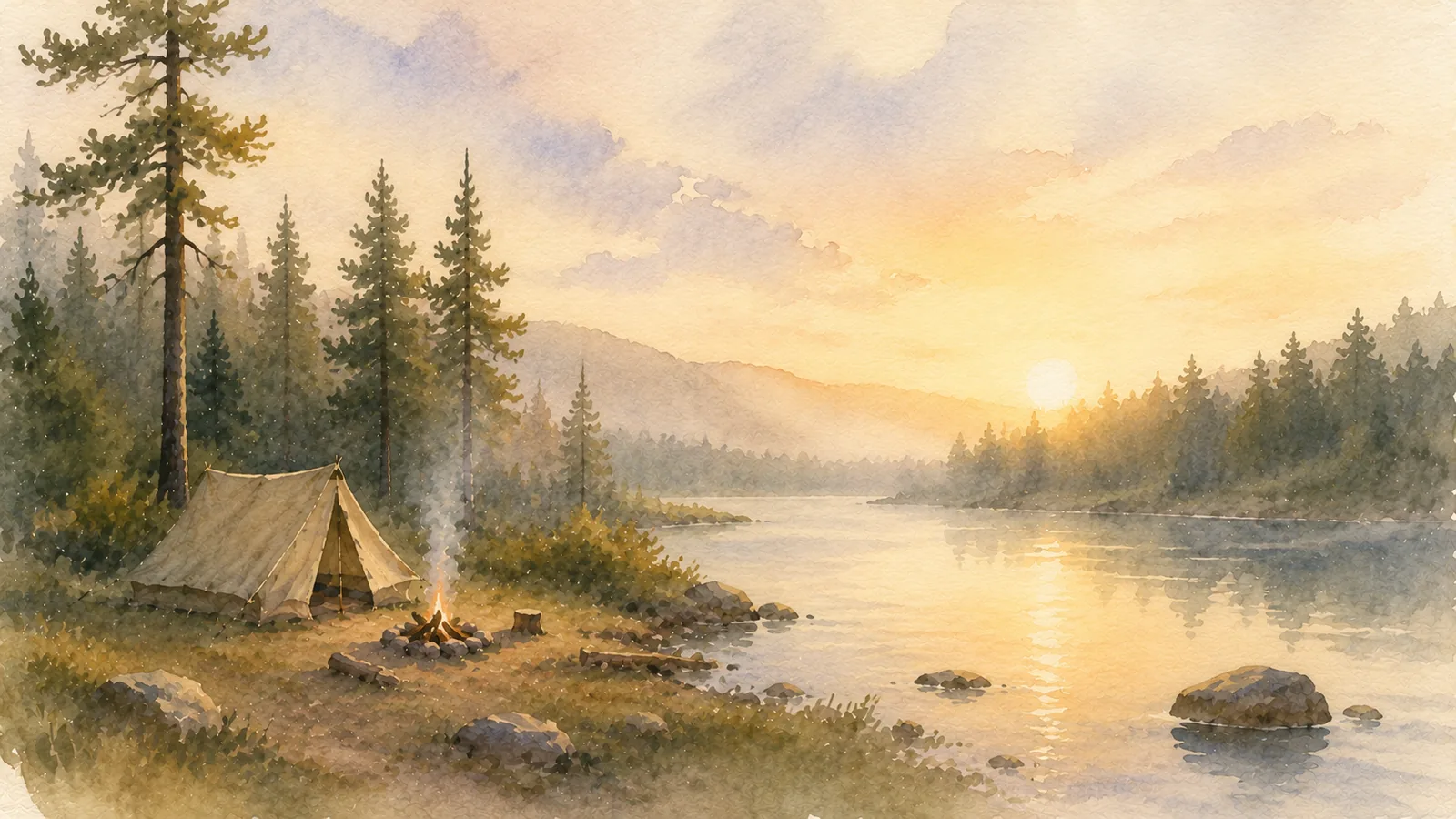 Sunrise mist over a calm lake beside a row of tents
